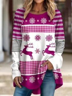 Women's T Shirt Tee Christmas Shirt Pink Red Blue Plaid Snowflake Reindeer Print Long Sleeve Party Christmas Weekend Festival / Holiday Christmas Round Neck Regular Fit Painting Spring &Fall -Cheap Women Clothing Store vhtcra1695033849392