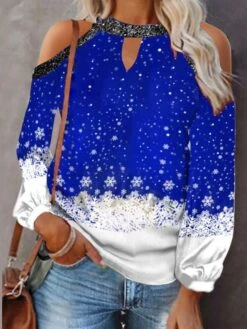 Women's Shirt Christmas Shirt Grass Green Black Pink Snowflake Cut Out Print Long Sleeve Christmas Weekend Streetwear Casual Print Round Neck Regular Fit Cold Shoulder -Cheap Women Clothing Store vibgfu1667526252307