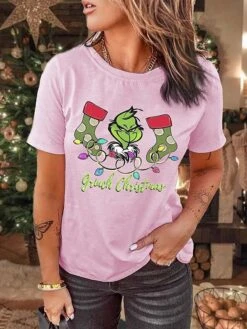 Women's T Shirt Tee Christmas Shirt Black White Pink Graphic Grinch Ugly Christmas Print Short Sleeve Christmas Weekend Basic Christmas Round Neck Regular Fit Painting 9 Women's T Shirt Tee Christmas Shirt Black White Pink Graphic Grinch Ugly Christmas Print Short Sleeve Christmas Weekend Basic Christmas Round Neck Regular Fit Painting -Cheap Women Clothing Store vjefmv1666267583091