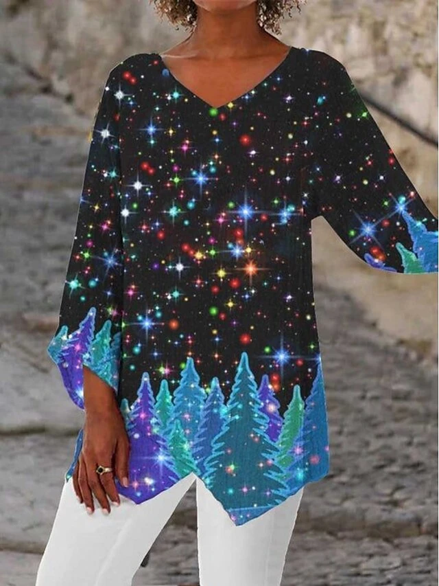 Women's Shirt Blouse Christmas Shirt Black Blue Purple Cat Christmas Tree Asymmetric Print Long Sleeve Party Christmas Casual Festival / Holiday Print Round Neck Regular Fit Spring &Fall 5 Women's Shirt Blouse Christmas Shirt Black Blue Purple Cat Christmas Tree Asymmetric Print Long Sleeve Party Christmas Casual Festival / Holiday Print Round Neck Regular Fit Spring &Fall - Image 3