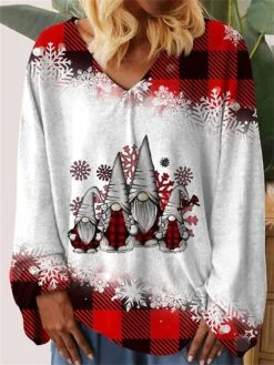 Women's T Shirt Tee Christmas Shirt Red Plaid Snowflake Santa's Helper Print Long Sleeve Party Christmas Weekend Festival / Holiday Fur Collar V Neck Regular Fit Painting Spring &Fall