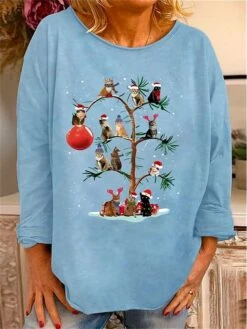 Women's T Shirt Tee Christmas Shirt Black Red Blue Cat Print Long Sleeve Christmas Weekend Festival / Holiday Round Neck Regular Fit Painting Spring &Fall 11 Women's T Shirt Tee Christmas Shirt Black Red Blue Cat Print Long Sleeve Christmas Weekend Festival / Holiday Round Neck Regular Fit Painting Spring &Fall -Cheap Women Clothing Store vkdlnc1696672726918