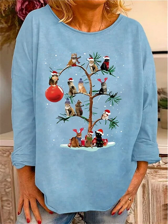 Women's T Shirt Tee Christmas Shirt Black Red Blue Cat Print Long Sleeve Christmas Weekend Festival / Holiday Round Neck Regular Fit Painting Spring &Fall 6 Women's T Shirt Tee Christmas Shirt Black Red Blue Cat Print Long Sleeve Christmas Weekend Festival / Holiday Round Neck Regular Fit Painting Spring &Fall - Image 4