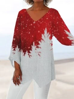 Women's Shirt Christmas Shirt Black White Red Star Christmas Tree Snowflake Print Long Sleeve Christmas Weekend Streetwear Casual V Neck Regular Fit -Cheap Women Clothing Store vkkzjv1663935801383