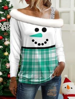 Women's Blouse Christmas Shirt Pink Red Blue Plaid Snowman Print Long Sleeve Christmas Casual Festival / Holiday Fur Collar Regular Fit Spring &Fall -Cheap Women Clothing Store vkpqjd1696749014903