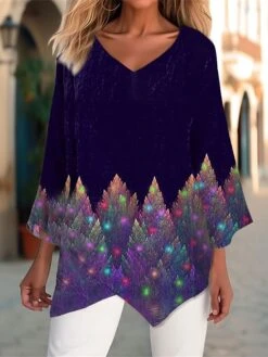 Women's T Shirt Tee Christmas Shirt Yellow Red Purple Graphic Christmas Tree Asymmetrical Print Long Sleeve Party Daily Weekend Fashion Christmas V Neck Regular Fit Painting Spring &Fall