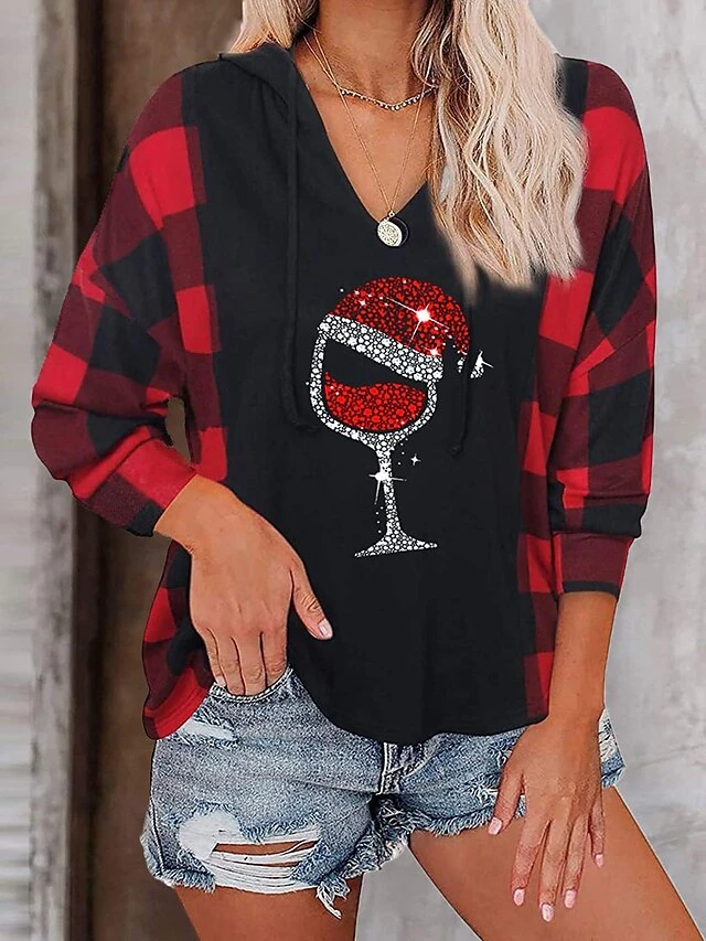 Women's Blouse Hoodie Christmas Shirt Wine Red Blue Plaid Color Block Patchwork Print Long Sleeve Party Christmas Casual Casual Hooded Regular Fit Fall & Winter 3 Women's Blouse Hoodie Christmas Shirt Wine Red Blue Plaid Color Block Patchwork Print Long Sleeve Party Christmas Casual Casual Hooded Regular Fit Fall & Winter