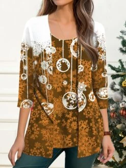 Women's Blouse Christmas Shirt Yellow Red Blue Snowflake Print 3/4 Length Sleeve Party Christmas Casual Festival / Holiday Round Neck Regular Fit Spring &Fall -Cheap Women Clothing Store vndxfy1697625166677