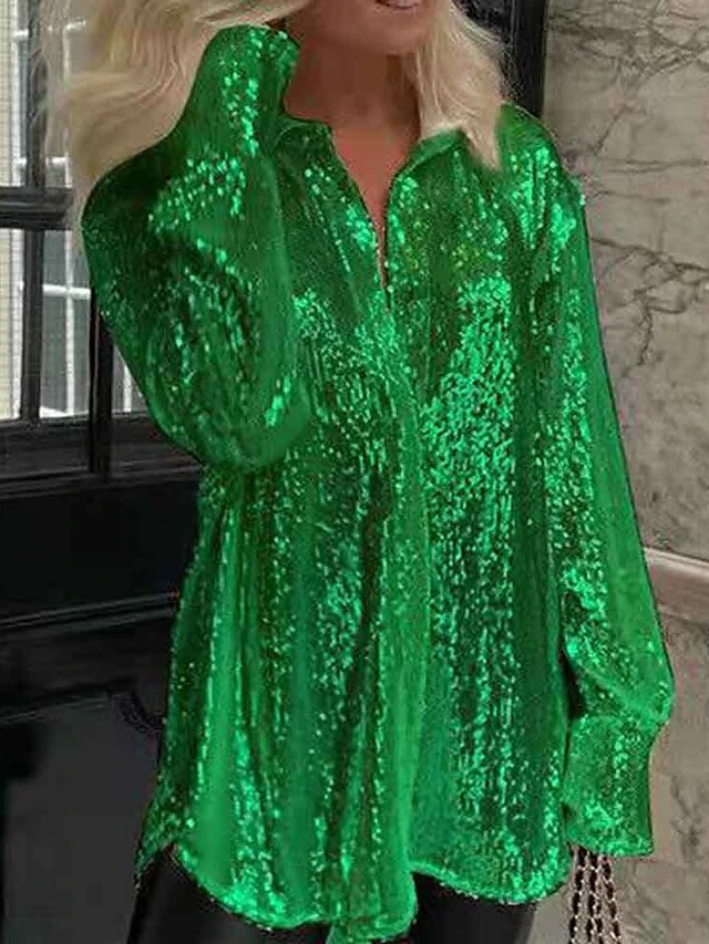 Women's Shirt Blouse Silver Blue Green Sparkly Sequins Long Sleeve Party Christmas Fashion Shirt Collar Regular Fit Spring &Fall 5 Women's Shirt Blouse Silver Blue Green Sparkly Sequins Long Sleeve Party Christmas Fashion Shirt Collar Regular Fit Spring &Fall - Image 3