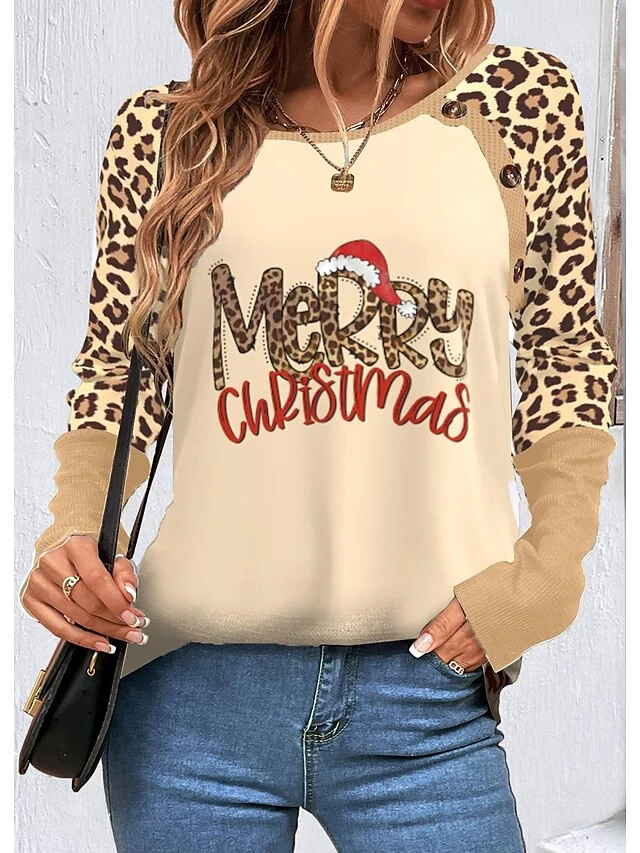 Women's T Shirt Tee Christmas Shirt Khaki Leopard Letter Button Print Long Sleeve Christmas Weekend Festival / Holiday Round Neck Regular Fit Painting Spring &Fall 4 Women's T Shirt Tee Christmas Shirt Khaki Leopard Letter Button Print Long Sleeve Christmas Weekend Festival / Holiday Round Neck Regular Fit Painting Spring &Fall - Image 2