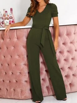 Women's Jumpsuit Lace Up Beaded Solid Color V Neck Elegant Office Christmas Xmas Regular Fit Short Sleeve Black Army Green Red S M L Fall -Cheap Women Clothing Store vsxaek1695347188726