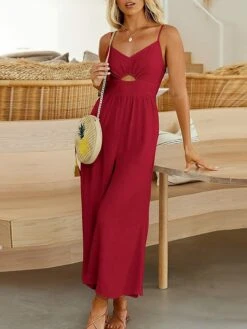 Women's Jumpsuit Cut Out Solid Color Crew Neck Casual Xmas Daily Weekend Christmas Wide Leg Regular Fit Sleeveless Camisole Red Green S M L Summer