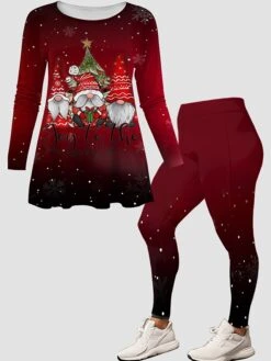 Women's Pants Sets Christmas Shirt Yellow Red Blue Graphic Print Long Sleeve Casual Festival Christmas Round Neck Regular Fit Spring &Fall