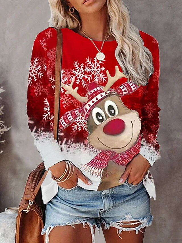 Women's T Shirt Tee Burgundy Tee Christmas Shirt Black White Wine Snowman Snowflake Reindeer Print Long Sleeve Christmas Weekend Basic Christmas Round Neck Regular Fit Painting Fall & Winter 6 Women's T Shirt Tee Burgundy Tee Christmas Shirt Black White Wine Snowman Snowflake Reindeer Print Long Sleeve Christmas Weekend Basic Christmas Round Neck Regular Fit Painting Fall & Winter - Image 4