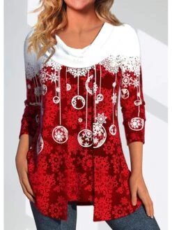 Women's Blouse Christmas Shirt Red Snowflake Print Long Sleeve Party Christmas Casual Festival / Holiday Round Neck Regular Fit Spring &Fall