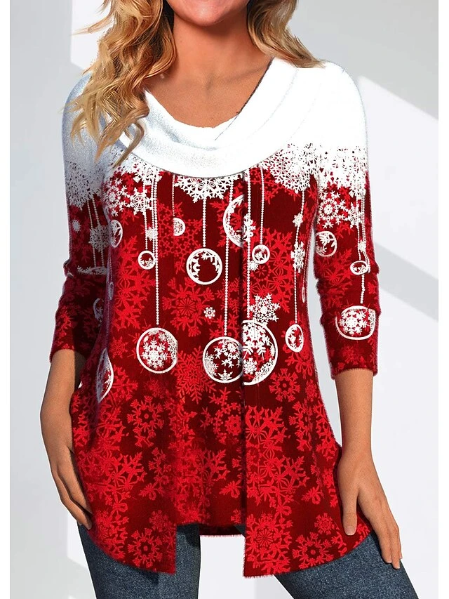 Women's Blouse Christmas Shirt Red Snowflake Print Long Sleeve Party Christmas Casual Festival / Holiday Round Neck Regular Fit Spring &Fall 3 Women's Blouse Christmas Shirt Red Snowflake Print Long Sleeve Party Christmas Casual Festival / Holiday Round Neck Regular Fit Spring &Fall