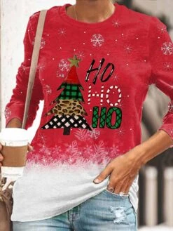 Women's T Shirt Tee Christmas Shirt Red Leopard Plaid Christmas Tree Print Long Sleeve Christmas Weekend Festival / Holiday Round Neck Regular Fit Painting Spring &Fall