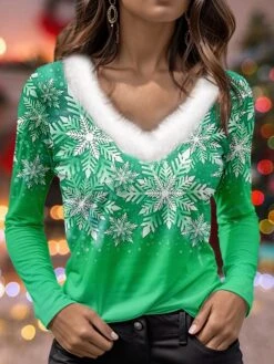 Women's Shirt Blouse Christmas Shirt Pink Red Blue Snowflake Print Long Sleeve Party Christmas Casual Festival / Holiday Fur Collar V Neck Regular Fit Fall & Winter -Cheap Women Clothing Store vvgcey1695639258188