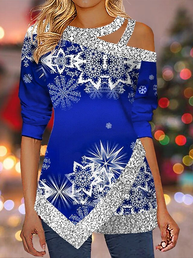 Women's Shirt Christmas Shirt Black White Pink Sparkly Snowflake Cut Out Asymmetric Print Long Sleeve Party Christmas Weekend Streetwear Metallic Casual Round Neck Regular Fit Spring Fall 8 Women's Shirt Christmas Shirt Black White Pink Sparkly Snowflake Cut Out Asymmetric Print Long Sleeve Party Christmas Weekend Streetwear Metallic Casual Round Neck Regular Fit Spring Fall - Image 6