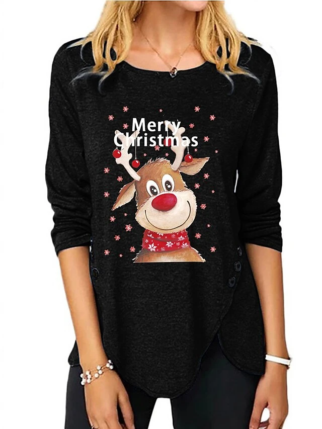 Women's T Shirt Tee Text Reindeer Christmas Tree Gift Weekend Abstract Painting T Shirt Tee Long Sleeve Button Print Round Neck Basic Essential Green Black Blue S 7 Women's T Shirt Tee Text Reindeer Christmas Tree Gift Weekend Abstract Painting T Shirt Tee Long Sleeve Button Print Round Neck Basic Essential Green Black Blue S - Image 5