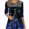 Women's T Shirt Tee Tunic Green Black Blue Graphic Christmas Tree Print Long Sleeve Christmas Weekend Christmas Round Neck Long 3D Printed Painting S