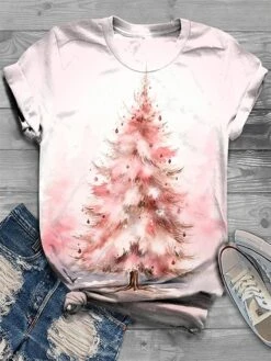 Women's T Shirt Tee Christmas Shirt Pink Christmas Tree Print Short Sleeve Christmas Weekend Festival / Holiday Christmas Round Neck Regular Fit Painting Summer