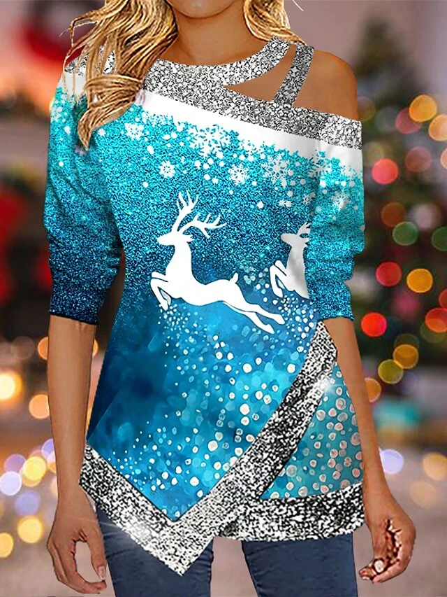 Women's Shirt Silver Black White Christmas Tree Snowflake Reindeer Cut Out Asymmetric Print Long Sleeve Christmas Weekend Streetwear Casual Round Neck Regular Fit Spring Fall 9 Women's Shirt Silver Black White Christmas Tree Snowflake Reindeer Cut Out Asymmetric Print Long Sleeve Christmas Weekend Streetwear Casual Round Neck Regular Fit Spring Fall - Image 7