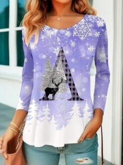 Women's T Shirt Tee Christmas Shirt Yellow Pink Purple Christmas Tree Snowflake Reindeer Print Long Sleeve Christmas Weekend Festival / Holiday Christmas Round Neck Regular Fit Painting Spring &Fall -Cheap Women Clothing Store wfgkmh1695118578692