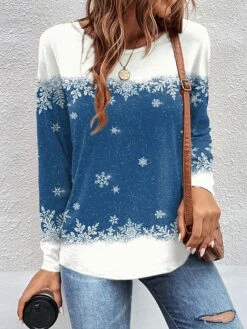 Women's T Shirt Tee Christmas Shirt Black Red Blue Snowflake Print Long Sleeve Christmas Weekend Festival / Holiday Round Neck Regular Fit Painting Spring &Fall