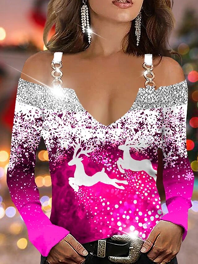 Women's Shirt Blouse Pink Red Blue Snowflake Deer Cut Out Print Long Sleeve Christmas Weekend Streetwear Casual V Neck Regular Fit Cold Shoulder Spring Fall 6 Women's Shirt Blouse Pink Red Blue Snowflake Deer Cut Out Print Long Sleeve Christmas Weekend Streetwear Casual V Neck Regular Fit Cold Shoulder Spring Fall - Image 4
