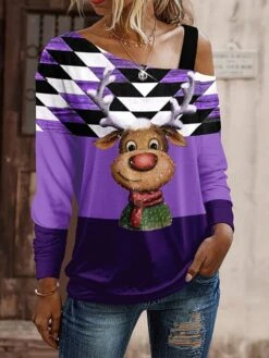 Women's T Shirt Tee Christmas Shirt Pink Blue Purple Geometric Reindeer Print Long Sleeve Christmas Weekend Festival / Holiday Funny Christmas Diagonal Neck Regular Fit Painting Spring &Fall -Cheap Women Clothing Store wftrhc1695026113138