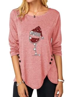 Women's T Shirt Tee Christmas Shirt Sky-blue Black Pink Graphic Print Long Sleeve Christmas Weekend Basic Christmas Round Neck Regular Fit Painting -Cheap Women Clothing Store wicbqi1665739181499