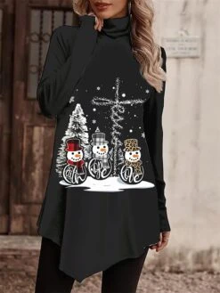Women's T Shirt Tee Christmas Shirt Black Snowman Christmas Tree Asymmetrical Print Long Sleeve Christmas Weekend Festival / Holiday High Neck Regular Fit Painting Spring &Fall