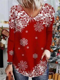 Women's T Shirt Tee Christmas Shirt Red Snowflake Print Long Sleeve Party Christmas Weekend Daily Basic Print V Neck Regular Fit Painting Fall & Winter