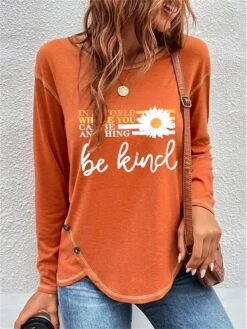 Women's T Shirt Tee Christmas Shirt Orange Floral Letter Print Long Sleeve Holiday Weekend Basic Christmas Round Neck Regular Fit Floral Painting Spring &Fall