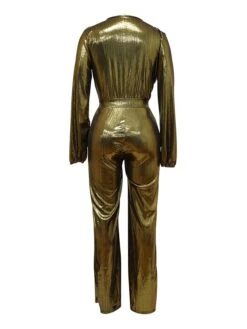 Women's Jumpsuit High Christmas Waist Solid Color V Neck Streetwear Party Xmas Street Regular Fit Long Sleeve Gold Green S M L Fall -Cheap Women Clothing Store wlhscl1695281845895