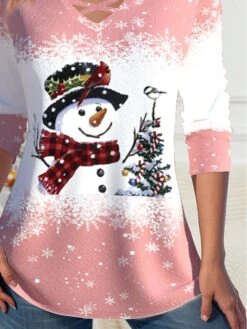 Women's T Shirt Tee Christmas Shirt Pink Snowman Print Long Sleeve Christmas Weekend Festival / Holiday V Neck Regular Fit Painting Spring &Fall -Cheap Women Clothing Store wmiamz1697621853471