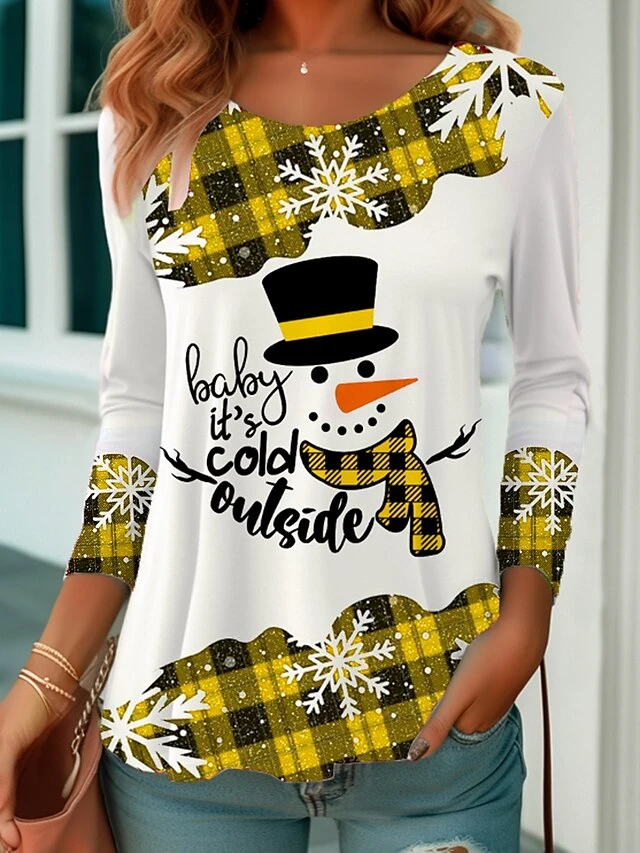 Women's T Shirt Tee Christmas Shirt Yellow Red Blue Snowman Print Long Sleeve Party Christmas Weekend Festival / Holiday Christmas Round Neck Regular Fit Painting Spring &Fall 8 Women's T Shirt Tee Christmas Shirt Yellow Red Blue Snowman Print Long Sleeve Party Christmas Weekend Festival / Holiday Christmas Round Neck Regular Fit Painting Spring &Fall - Image 6