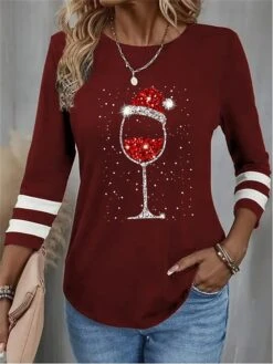 Women's T Shirt Tee Christmas Shirt Black Red Blue Wine Glass Rhinestone Print Long Sleeve Christmas Weekend Festival / Holiday Round Neck Regular Fit Painting Spring &Fall