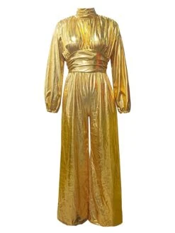 Women‘s Jumpsuit Sparkly Solid Color Stand Collar Elegant Christmas Wedding Party Xmas Wide Leg Regular Fit Long Sleeve Pink Gold S M L All Seasons -Cheap Women Clothing Store wmrusi1696989930216