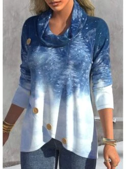 Women's Blouse Christmas Shirt Blue Christmas Tree Button Asymmetric Print Long Sleeve Christmas Casual Festival / Holiday Cowl Neck Regular Fit Spring &Fall -Cheap Women Clothing Store wowxjh1697800636749