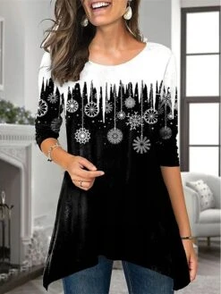 Women's T Shirt Tee Christmas Shirt Black Red Blue Snowflake Flowing Tunic Print Long Sleeve Christmas Weekend Basic Christmas Round Neck Regular Fit Painting Spring &Fall -Cheap Women Clothing Store wpoeuo1693908219080