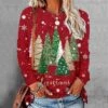 Women's T Shirt Tee Christmas Shirt Red Christmas Tree Print Long Sleeve Christmas Weekend Basic Christmas Round Neck Regular Fit Floral Painting -Cheap Women Clothing Store wpuzkc1666698217933