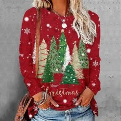 Women's T Shirt Tee Christmas Shirt Red Christmas Tree Print Long Sleeve Christmas Weekend Basic Christmas Round Neck Regular Fit Floral Painting