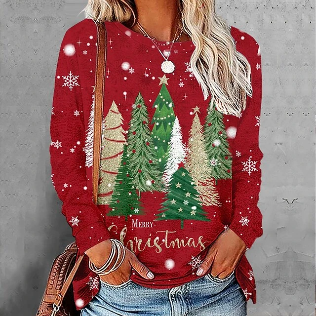 Women's T Shirt Tee Christmas Shirt Red Christmas Tree Print Long Sleeve Christmas Weekend Basic Christmas Round Neck Regular Fit Floral Painting 3 Women's T Shirt Tee Christmas Shirt Red Christmas Tree Print Long Sleeve Christmas Weekend Basic Christmas Round Neck Regular Fit Floral Painting