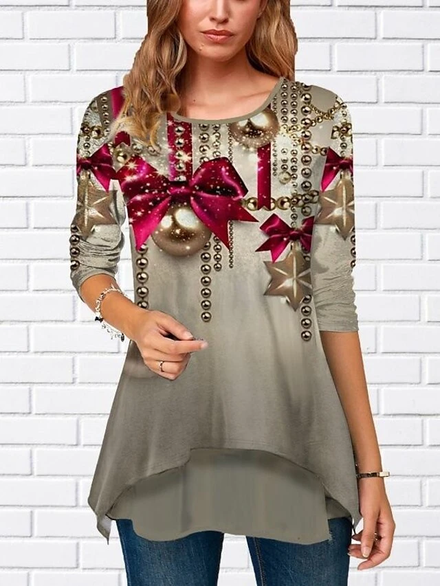 Women's Shirt Christmas Shirt Red Blue Green Graphic Print Long Sleeve Christmas Casual Streetwear Round Neck Regular Fit 5 Women's Shirt Christmas Shirt Red Blue Green Graphic Print Long Sleeve Christmas Casual Streetwear Round Neck Regular Fit - Image 3