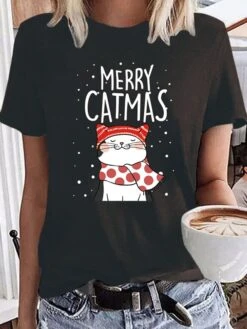 Women's T Shirt Tee Christmas Shirt 100% Cotton Black Light Green Wine Graphic Cat Letter Print Short Sleeve Christmas Daily Holiday Basic Christmas Round Neck Regular Fit Cat -Cheap Women Clothing Store wrtmeg1666754528878