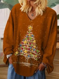 Women's T Shirt Tee Christmas Shirt Red Blue Purple Christmas Tree Print Long Sleeve Party Christmas Weekend Festival / Holiday Print Christmas V Neck Regular Fit Painting Spring &Fall -Cheap Women Clothing Store wseqol1694684565279