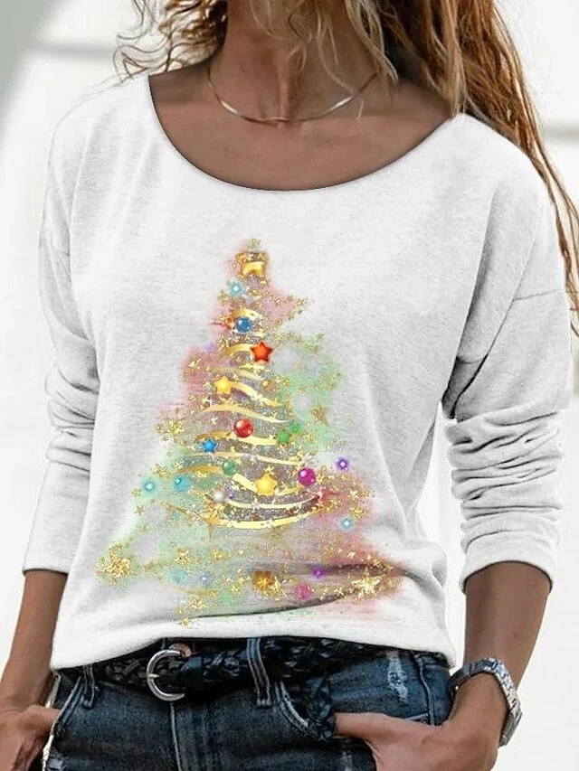 Women's T Shirt Tee Christmas Shirt Black White Red Christmas Tree Print Long Sleeve Christmas Weekend Basic Print Christmas Round Neck Regular Fit Painting Fall & Winter 6 Women's T Shirt Tee Christmas Shirt Black White Red Christmas Tree Print Long Sleeve Christmas Weekend Basic Print Christmas Round Neck Regular Fit Painting Fall & Winter - Image 4