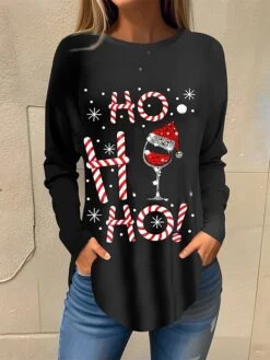 Women's T Shirt Tee Christmas Shirt Black Red Wine Glass Rhinestone Print Long Sleeve Party Christmas Weekend Fashion Christmas Round Neck Regular Fit Painting Spring &Fall